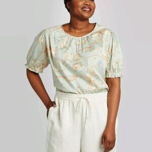 Ava & Viv Green and Orange Floral Short Sleeve Blouse in Size 1X